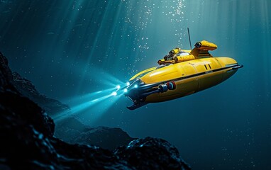 A futuristic yellow submarine-like exploration vessel glides through the dark, mysterious depths of the ocean, illuminated by its powerful searchlights and surrounded by a swirling vortex of bubbles.