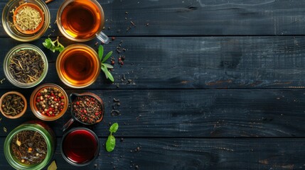 A Variety of Tea Leaves on a Black Wooden Table  Top View Traditional Tea Industry Advertisement - obrazy, fototapety, plakaty
