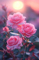 Pink roses in the sun with blurred background.