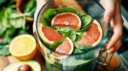 Closeup on hands preparing green smoothie with spinach, avocados and grapefruits in blender for...
