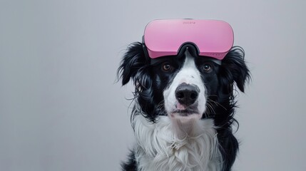 photo of black and white border collie wearing pink VR headset, solid white background
