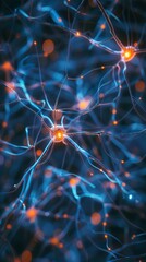 An awe-inspiring image showcasing the electrified neuronal matrix, with glowing orange and blue neural pathways weaving an intricately connected web of nervous system activity.