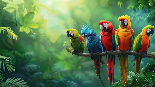 Colorful Parrots On A Branch In The Jungle. Birds  And Green Background. Animal Wallpaper