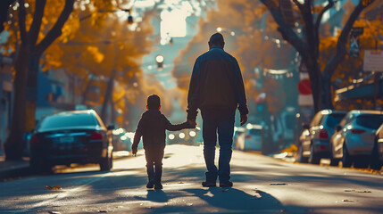 A picture of boy walks with his father on father's day
