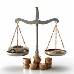 Scales of justice with a car and money