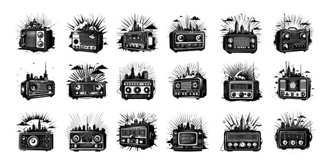 Radio stations logos black vector set. Vintage radio transmitters electrical device urban horizon waves elements isolated icons on white background