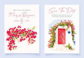 Wedding invitation with hand drawn watercolor spring pink bougainvillea flower background