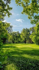 A tranquil park scene filled with a vibrant green lawn dotted with delicate white flowers, framed by a flourishing forest canopy under a picturesque blue sky.