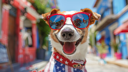 A dog wearing sunglasses and a red, white, and blue bandana. The dog is smiling and he is enjoying the attention