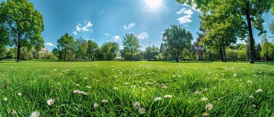 A serene, expansive park with a vast green lawn, surrounded by vibrant trees and blooming flowers under a bright, sunny sky.