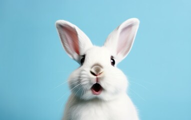 Adorable White Rabbit on Blue Background