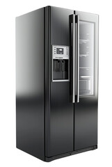 Stylish black double door refrigerator with a sleek design isolated on a white background, transparent PNG