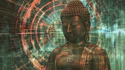Fototapeta na wymiar Futuristic Buddhist art depicting a Zen Buddha within a digital matrix exploring the nexus of spirituality and technology