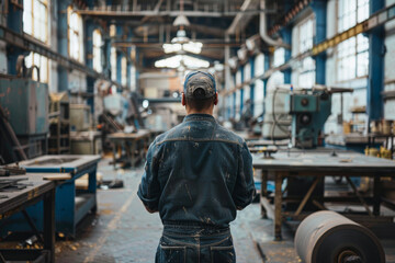A man in a blue shirt stands in a large industrial building. He is looking at something on his phone. Scene is serious and focused - Powered by Adobe