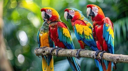 colorful parrots on a branch in the jungle. birds  and green background. Animal wallpaper