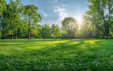 A serene and picturesque park landscape with a vast expanse of verdant grass, dotted with blooming flowers and surrounded by a canopy of vibrant green trees under a bright, blue sky.