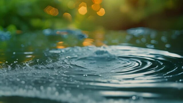 Dripping water droplets are streamed with a macro lens into a puddle. in Slow Motion 4K