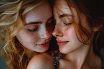 Close moment of tenderness between two women, highlighting the intimate bond of a romantic relationship