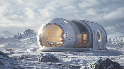 A futuristic space station is shown in a snowy landscape. The station is a large, white structure with a dome-shaped roof and windows. The interior is furnished with a couch, a chair - obrazy, fototapety, plakaty
