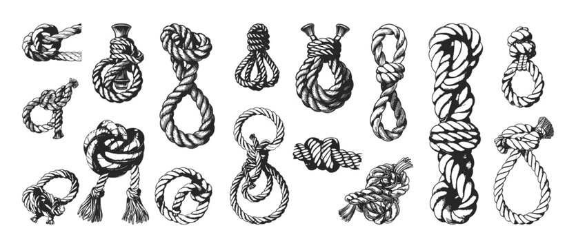 Rope knots ink sketch vector set. Marine cowboy tying loops cable isolated on white background