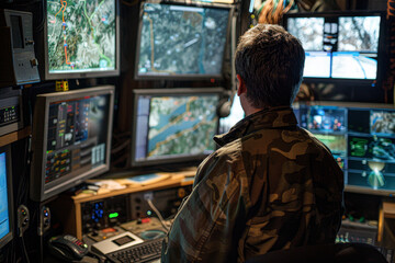 A man is sitting in front of a computer monitor with several screens. He is wearing a camouflage jacket and he is focused on the screens