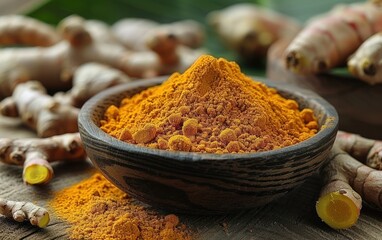 Bowl of Turmeric Powder with Raw Roots