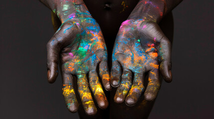 Naklejka premium Colorful Hands Depicting Pride Colors Against a Black Background 