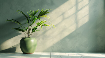 Realistic photograph of an elegant plant in a green pot, placed on the floor against a light gray wall with sun rays creating soft shadows - obrazy, fototapety, plakaty