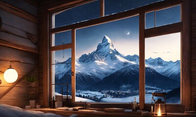 cozy work cabin in Swiss Alps, Illustration AI Generative.