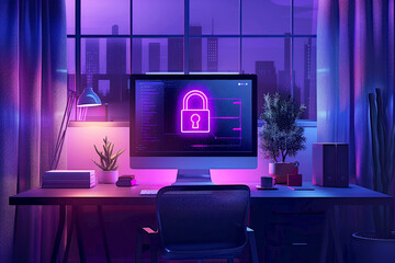 Black background, desktop computer with lock symbol on the screen, purple and blue lighting effects, - obrazy, fototapety, plakaty