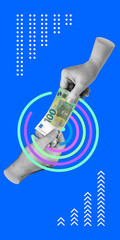 Payment for labor, services, and sale of goods. Donations, charity, business concept. Woman's hand passes 100 euro banknote to man's hand. Vertical minimalist art collage