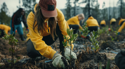 Volunteers plant saplings to help restore the ecosystem . Generative AI - obrazy, fototapety, plakaty