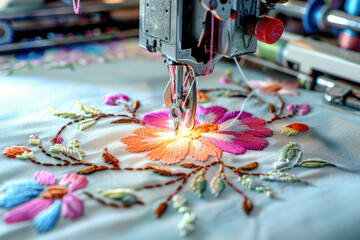 High-Tech Embroidery A computerized embroidery machine meticulously stitching a delicate floral design onto fabric
