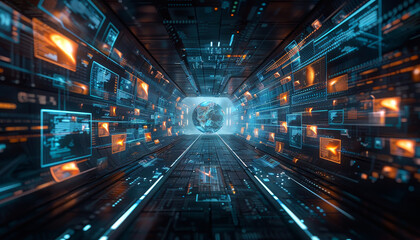 A futuristic tunnel with a glowing orb in the center by AI generated image