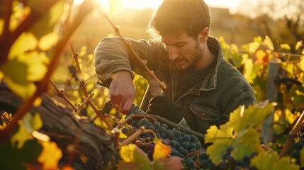 An action shot of a young farmer pruning grapevines in a vineyard, preparing for wine production. 