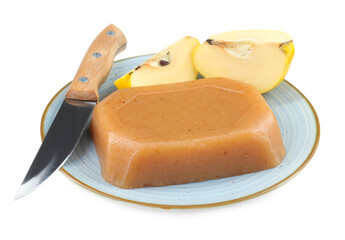 Delicious sweet quince paste, knife and fresh cut fruit isolated on white