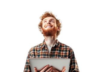 Redhead Man with Tablet Smiling - obrazy, fototapety, plakaty