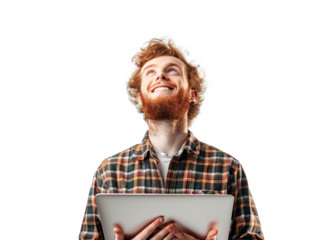Redhead Man with Tablet Smiling