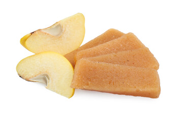 Delicious sweet quince paste and fresh fruit isolated on white