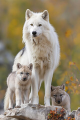 Naklejka na ściany i meble Lobo branco e seus filhotes na natureza - Papel de parede