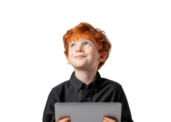 Redheaded Child with Tablet Looking Upward
