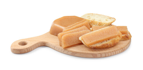 Delicious sweet quince paste and bread isolated on white