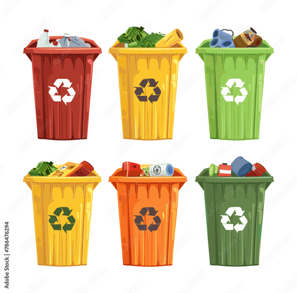 Aufkleber sorting garbage containers cartoon vector set. plastic food paper glass waste processing distributio