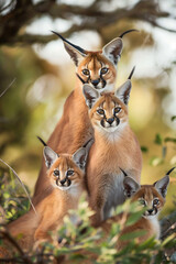 Caracal e seus filhotes na natureza - Papel de parede