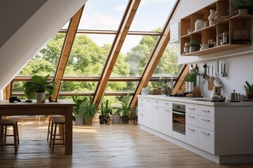 Interior of a kitchen on attic floor with large windows