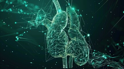 A 3D rendering of a pair of lungs made out of glowing green particles. - obrazy, fototapety, plakaty