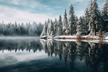 Reflection of pine trees in lake in winter