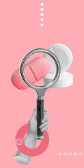 Search for contraceptives, medicines, hormones, vitamins, dietary supplements for women's health. Hand with magnifying glass, white and pink pills on pink background. Vertical minimalist art collage