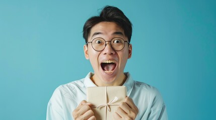 Surprised Asian man receiving an item Delighted Asian man with both hands in fists Energetic Asian man