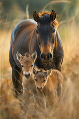 Cavalo marrom e seus filhotes na natureza - Papel de parede